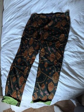 Scotch & Soda Black Pants with Brown Paisley Print and Green Cuffs